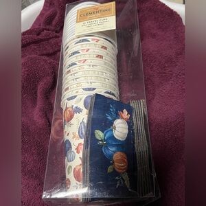 Autumn Pumpkin 12 Travel Paper Cups & Sleeves Set - Blue & Cream NWT